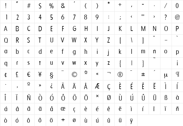 FloridaSerial-Light Regular  glyph index