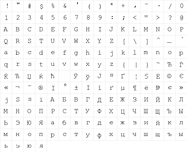 CourtierC Regular  glyph index