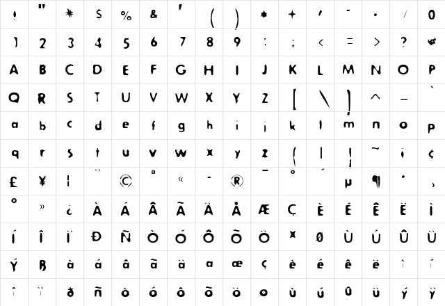 Outahere Regular  glyph index