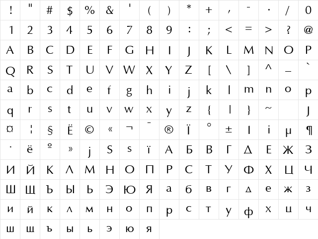 AGOpus Normal  glyph index