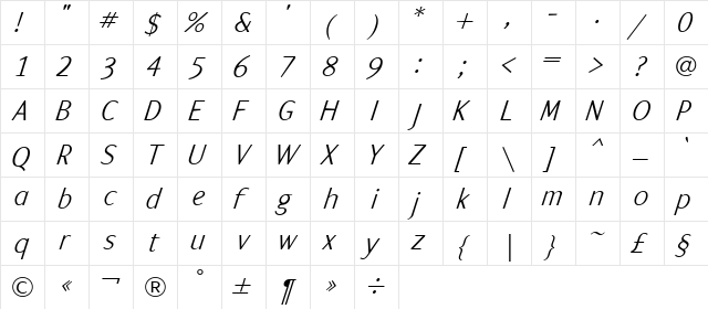 ArtemiusSans Light Italic  glyph index