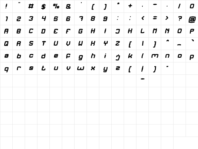 REGGAE BASS Italic  glyph index