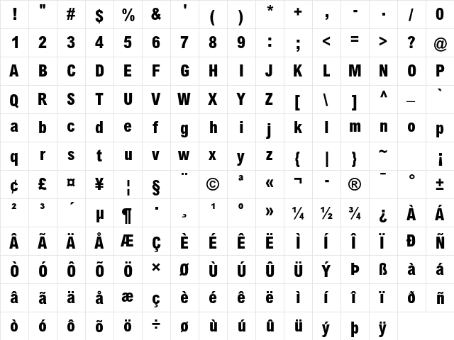 Arial MT Std Extra Bold Cond  glyph index