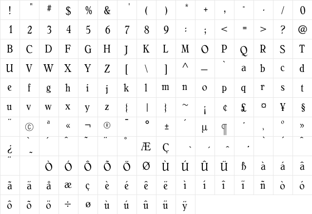 BelliniOriginalCondensed Regular  glyph index