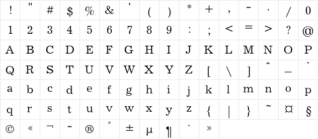 JournalC Regular  glyph index