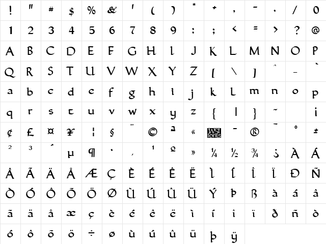 GuntherCalligraphic Regular  glyph index