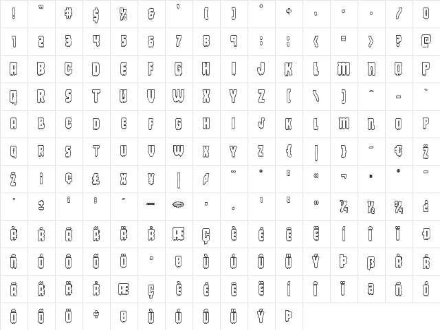 Deathblood Bold Outline Regular  glyph index