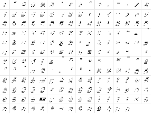 Procyon Shadow Italic Shadow Italic  glyph index