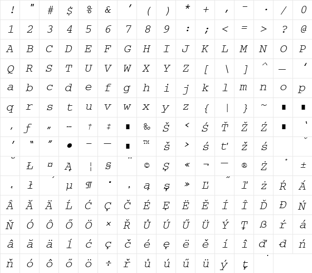 CourierEe Italic  glyph index