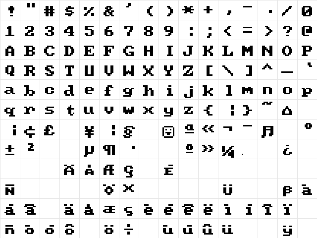 PC Senior Regular  glyph index
