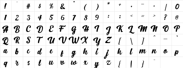 Bright Script Clean Regular  glyph index