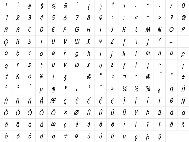Bimini-Condensed Italic  glyph index