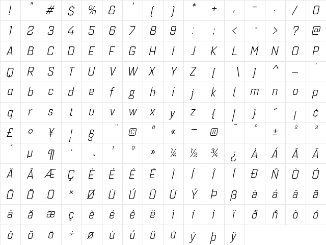 Quarca Norm Book Italic  glyph index