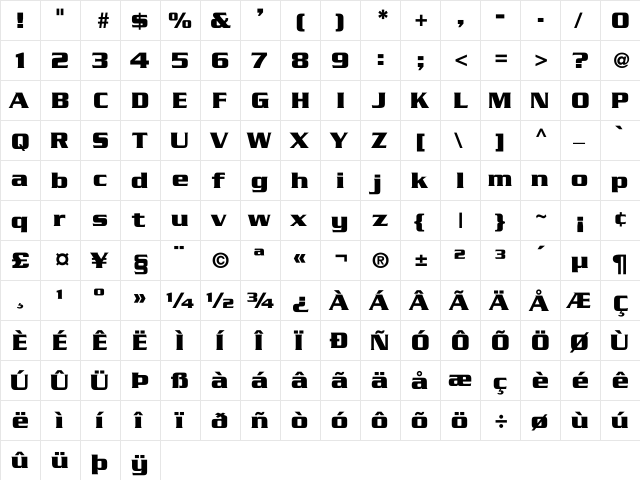 Glopentine-Bold-Bold Regular  glyph index