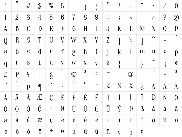 Oranienbaum Regular  glyph index