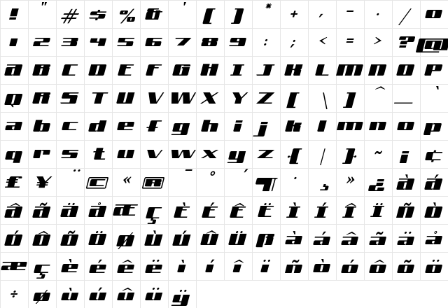 FreeLine Cruiser  glyph index