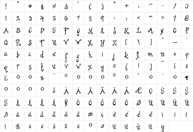 Dollhouse Regular  glyph index