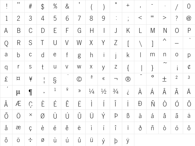News Gothic T Light Regular  glyph index
