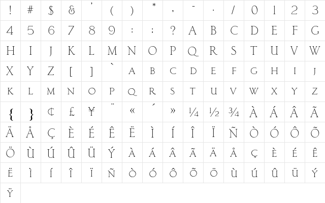 Classic Roman Light AT Regular  glyph index