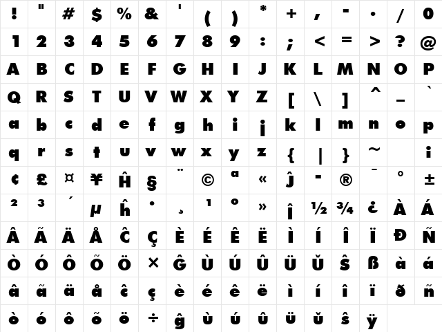 Futura Eo Extra Black  glyph index
