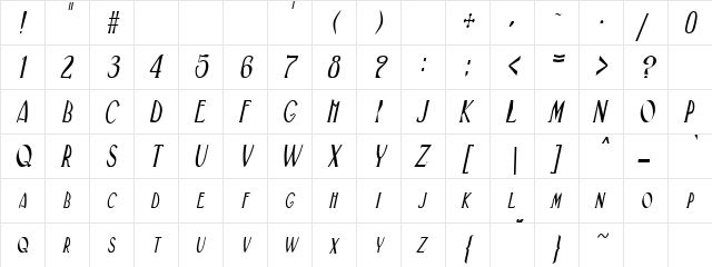 GatsbyCondensed Italic  glyph index