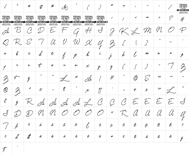 Chrysante PERSONAL USE Bold  glyph index