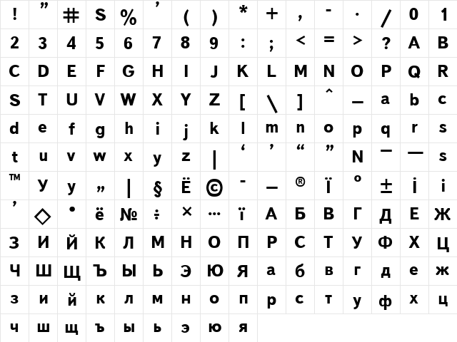 Bukvarnaya Bold  glyph index