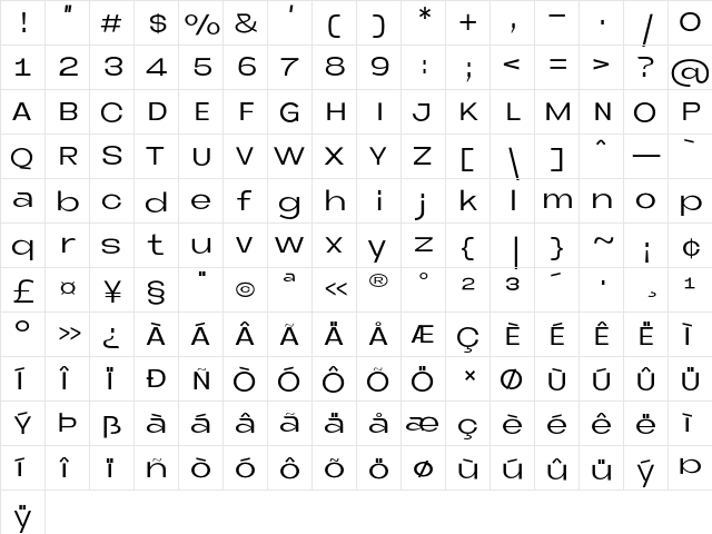 Neue Metana Regular  glyph index