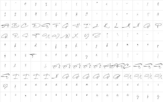 Carlista Buttery Regular  glyph index