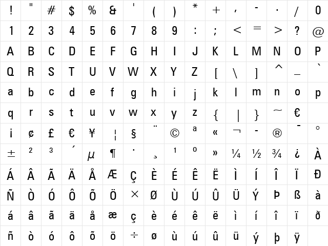 Zurich Cn BT Regular  glyph index