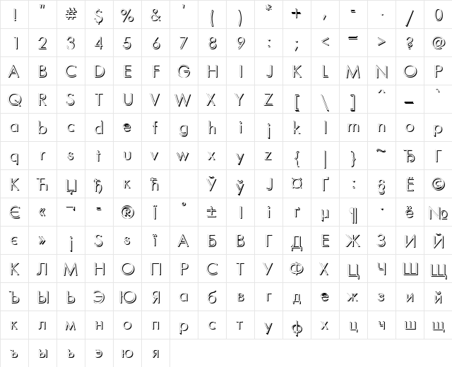 FuturisShadowCTT Regular  glyph index