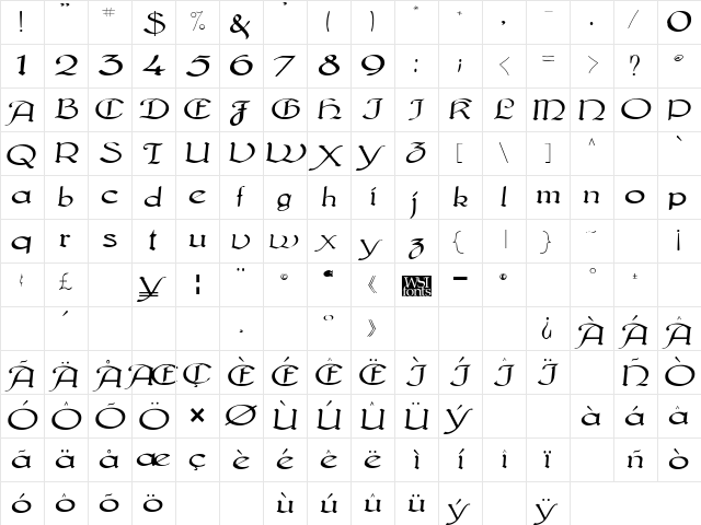 MunkCalligraphic Regular  glyph index