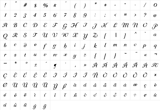 Rundkursiv Regular  glyph index