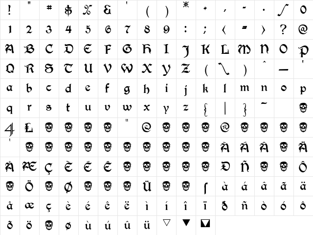 Beaulieux Regular  glyph index