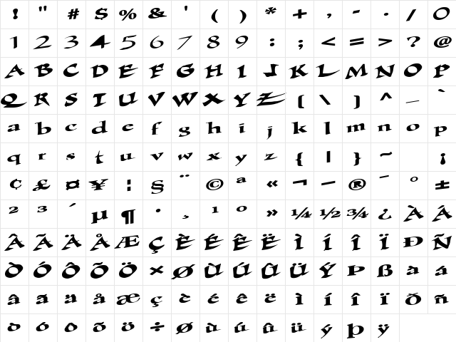 GlobeTrotterPlain20 Bold  glyph index