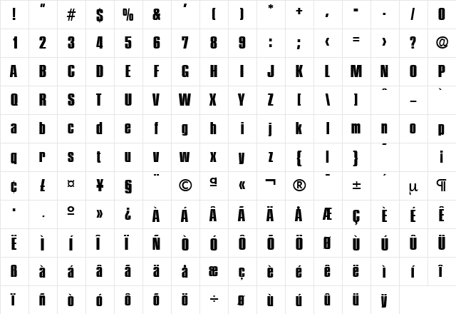 Plakette-Serial-ExtraBold Regular  glyph index