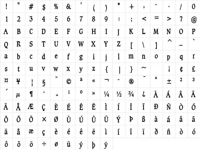 Clayton-Condensed Bold  glyph index