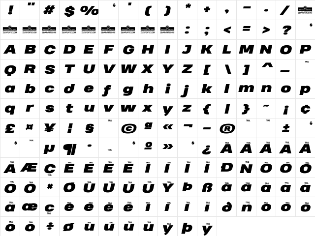 Heading Pro Wide Trial Black Italic  glyph index