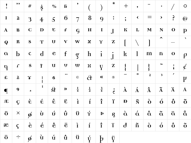 DemocraticaBoldOldstyle Medium  glyph index