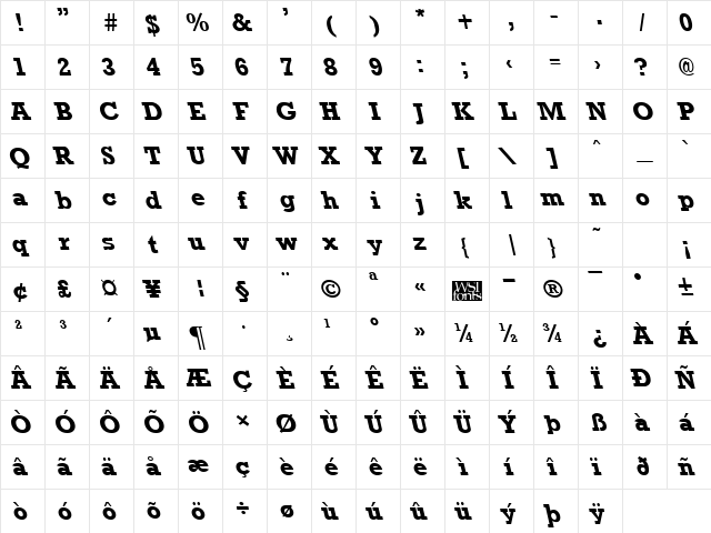 RockneyLefty Bold  glyph index
