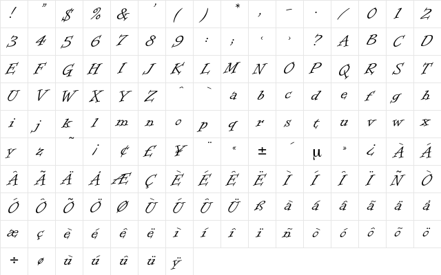 Intermezzo Regular  glyph index