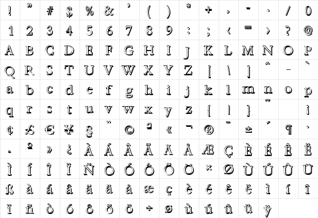 AndrewBeckerShadow-Light Regular  glyph index