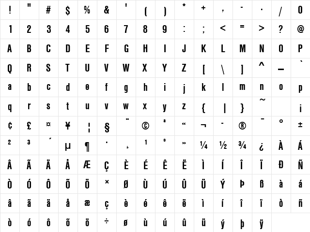 NimbusSanTConBold Regular  glyph index