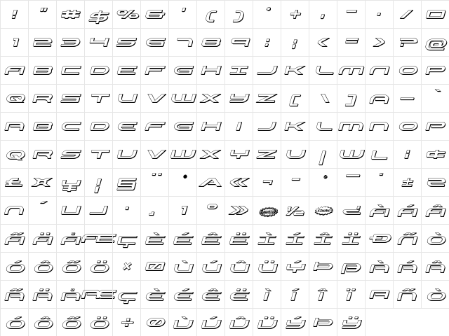 Antietam 3D Italic Italic  glyph index