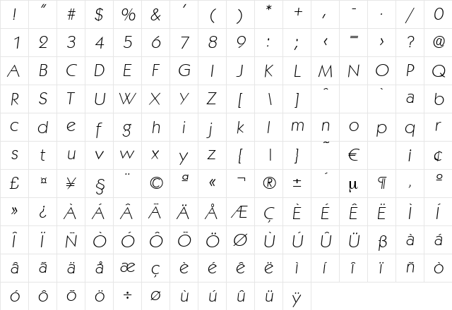 Koblenz-XlightIta Regular  glyph index