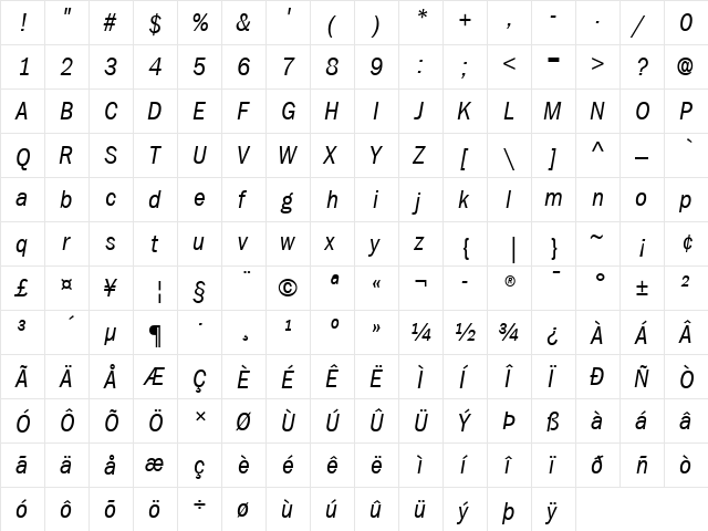 ITCFranklinGothic LT BookCn Italic  glyph index