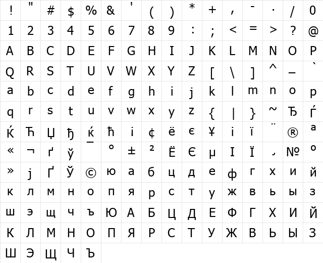 Tahoma KOI8 Regular  glyph index