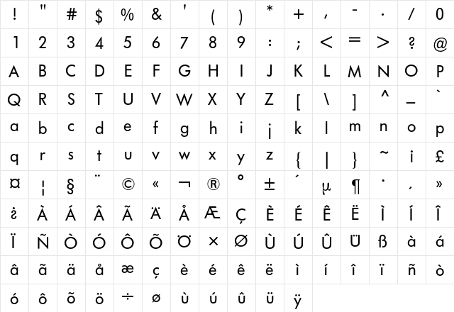 Futura BQ Regular  glyph index