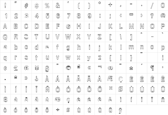 AndreasBeckerOutline Regular  glyph index