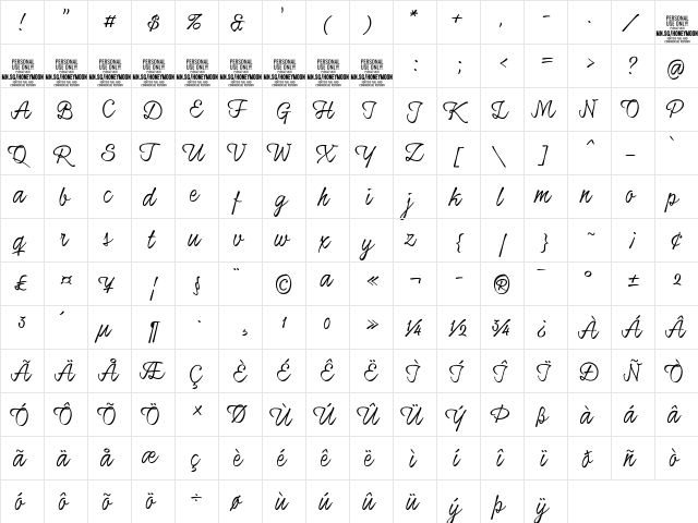 Honeymoon Up PERSONAL USE Regular  glyph index